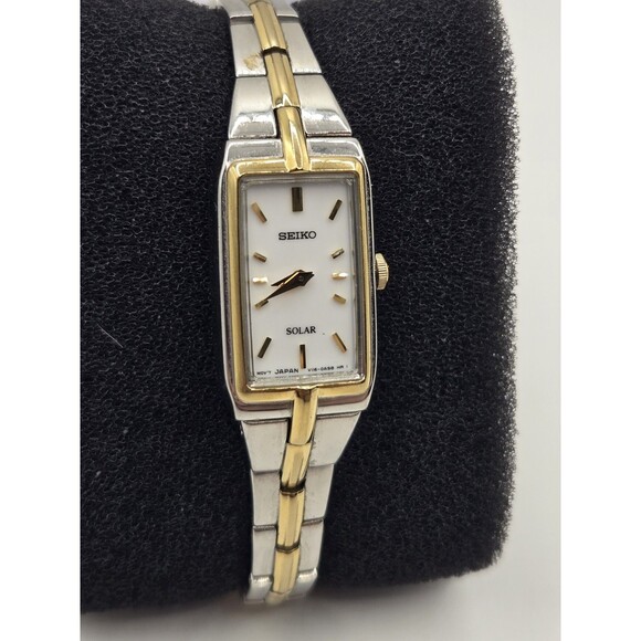 Seiko Solar Tank Ladies' 15mm Watch White Dial Two Tone V116-0Ah0. Runs Well. 6" - Picture 3 of 9